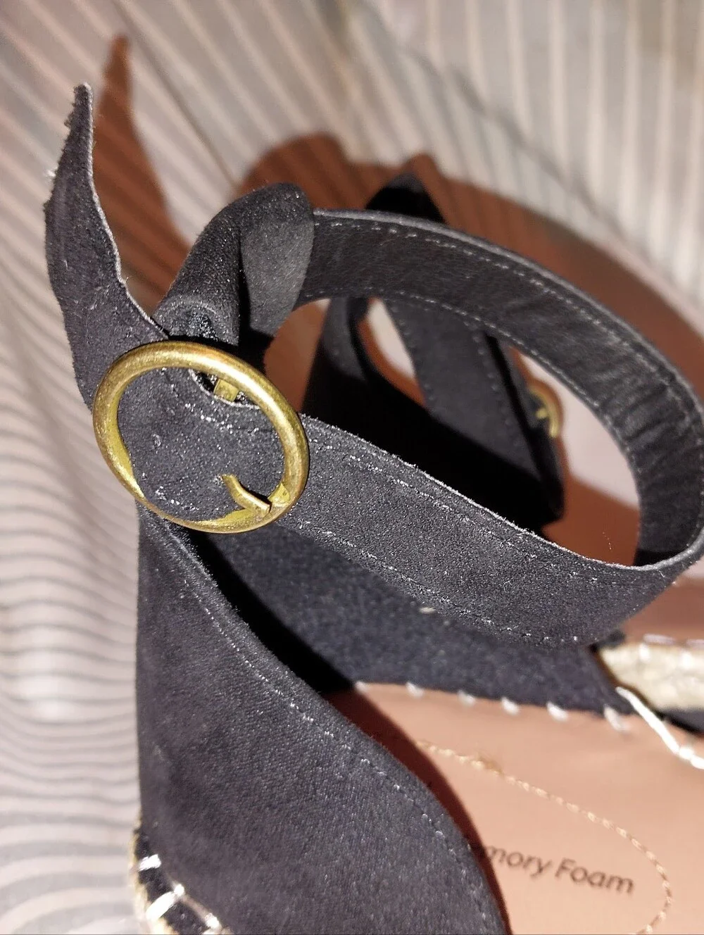 Time and Tru Black Ankle-Strap Espadrille Sandals with Gold Accent 11